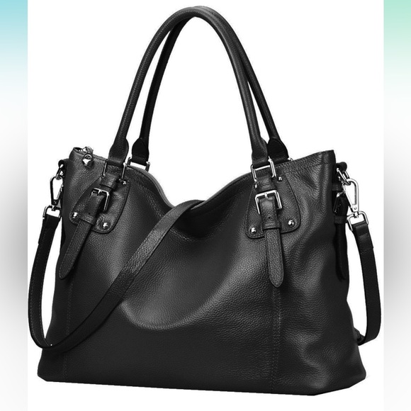 Heshe black genuine leather satchel handbag - Picture 1 of 15